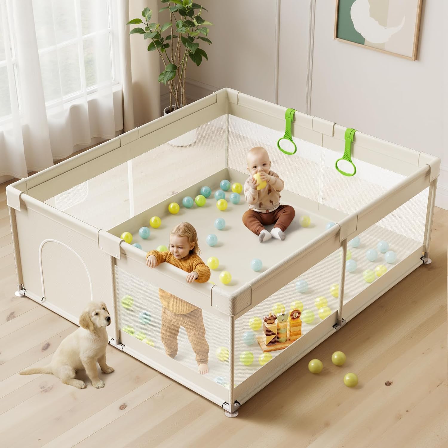 Uanlauo Beige Small Baby Playpen - 47x47in Playpen for Babies and Toddlers, Safe Indoor Play Pen, Baby Pen with Storage Bag and Breathable Mesh