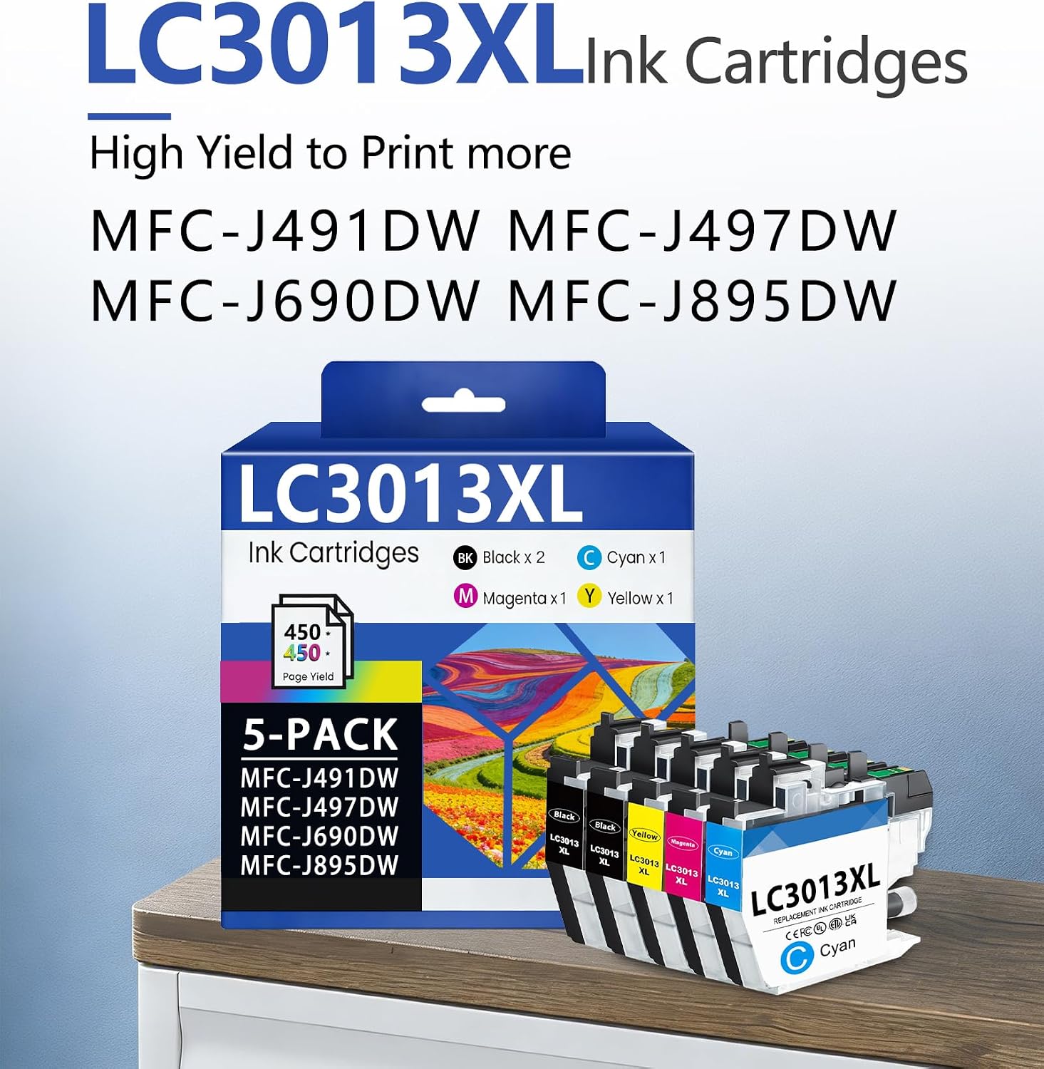 LC3013 Ink Cartridges BK/C/M/Y 5-Pack High Yield Compatible for Brother LC3013 LC3011 LC3013XL LC 3013 MFC-J497DW MFC-J895DW MFC-J491DW MFC-J690DW Printer