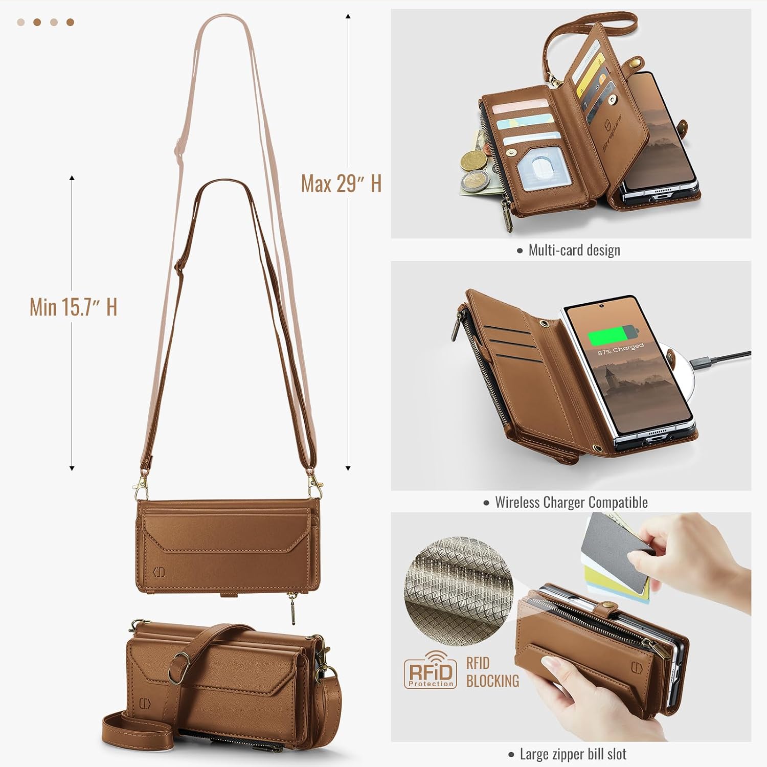 Strapurs Wallet Case Compatible with Samsung Galaxy Z Fold 7 with RFID Blocking Card Holder Slot Soft PU Leather Shoulder Strap Zipper Pocket Purse Galaxy Z Fold7 Phone Case, Brown