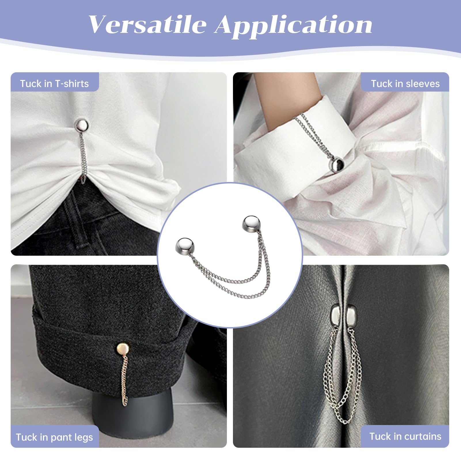 12 clips magnéticos para ropa con cadena, clips magnéticos de metal para ropa para mujer en plomizo, oro y plata, pines multiusos para ajustar el dobladillo, mangas, pantalones e hiyabs
