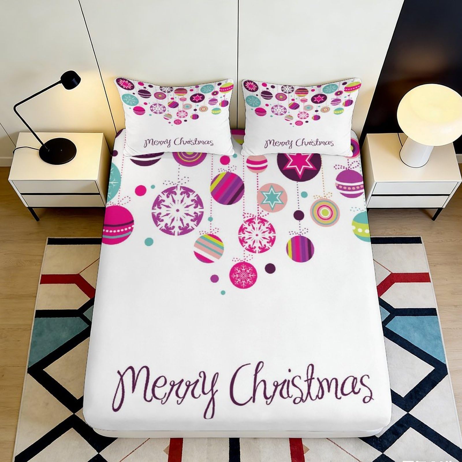 3D Printed Christmas Ornament Fitted Sheet Microfiber Soft Breathable Holiday Bauble Mattress Cover for Bedroom Dorm Decor 90x200x25cm