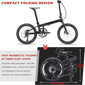 KABON New Upgrade Folding Bike, 20 Inch Carbon Fiber Frame with Carbon Wheelset 9 Speed Mini City Bike Foldable Bicycle for Women Adults Men Ultra-Light