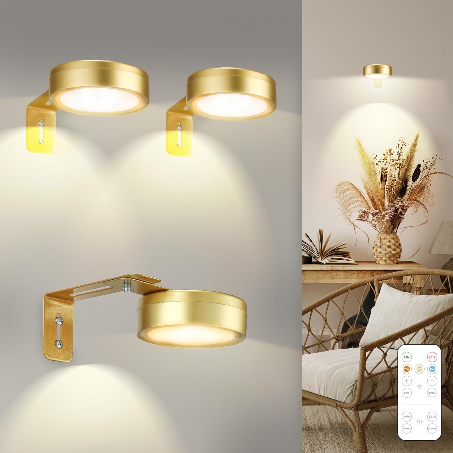 3 Pack Gold Battery Operated Picture Light, Wireless Picture Lights for Wall with Remote Dimmable Timer,3 Lighting Modes Pictures Frame Light for Artworking,Magnetic Painting Lights Wall Decor