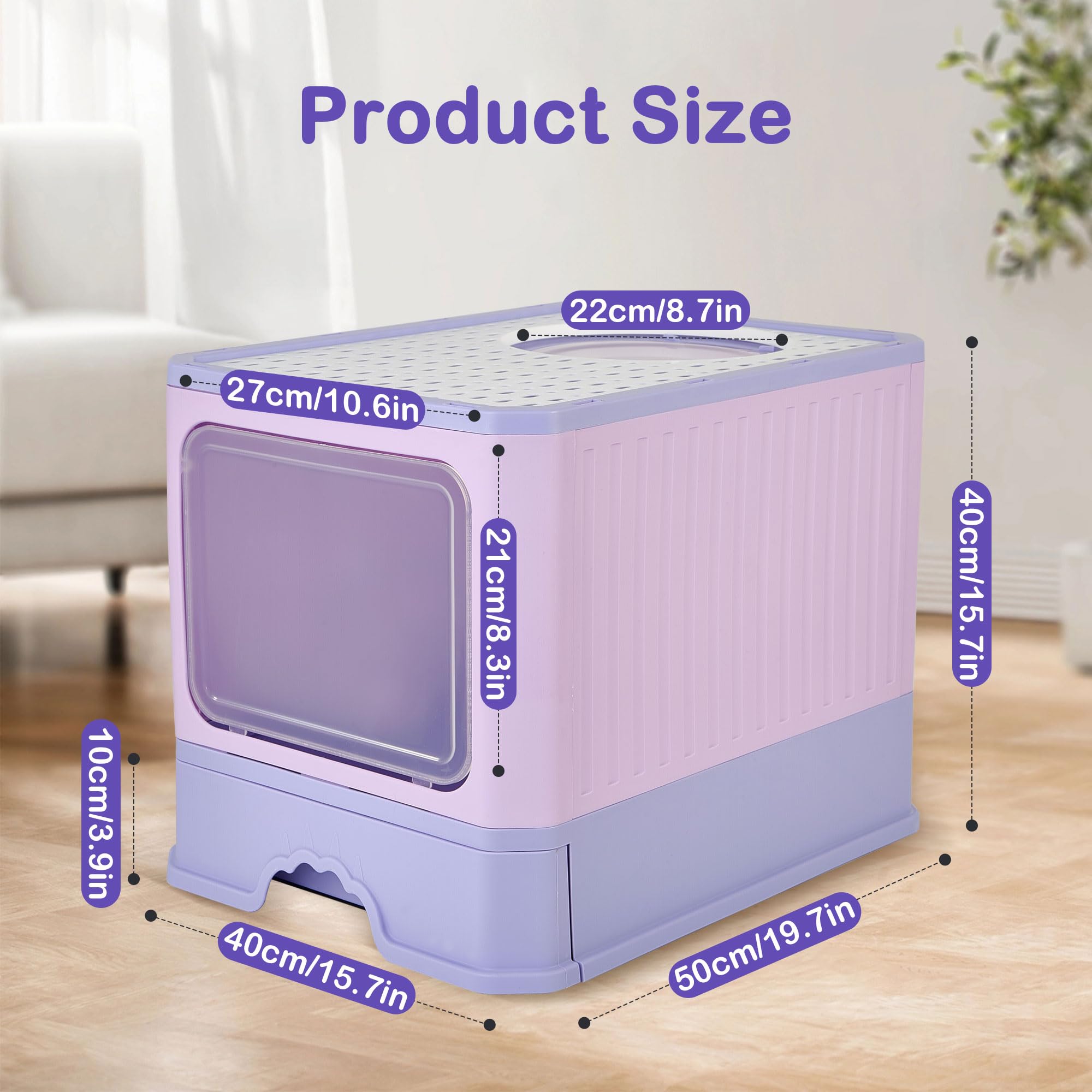 Cat Litter Box with Scoop, Large Foldable Litter Box with Lid, Front Entry Top Exit Kitty Box, Odor Control, Easy to Clean (Purple)
