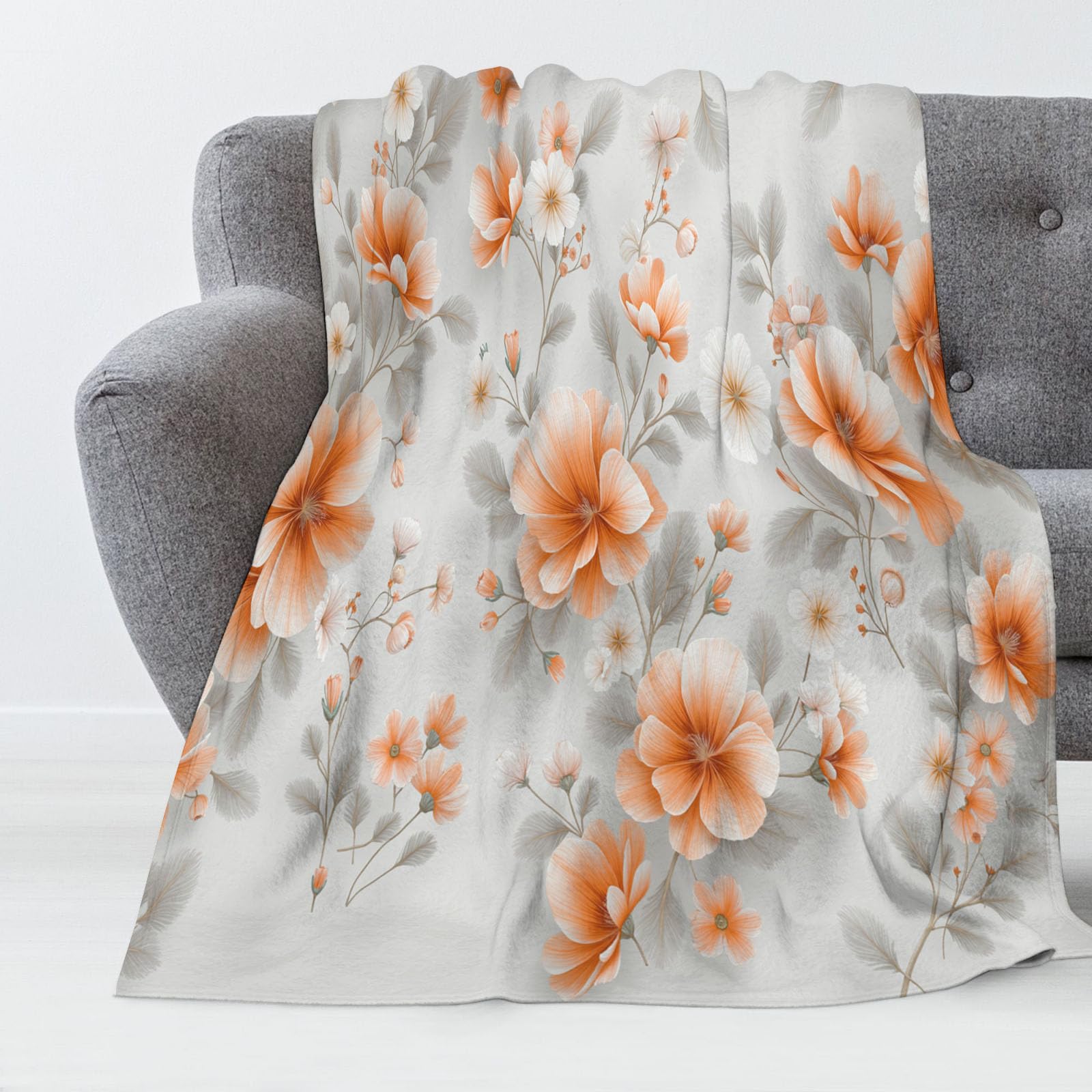 Couverture en flanelle fleurs orange et gris 220x240cm pour lit et canapé