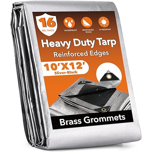 10x12FT Waterproof Tarp, Yumatum 16 Mil Heavy Duty Tarps with Reinforced Edges/Brass Grommets, 100% UV Blocking/Tear Resistant Poly Tarp for Camping, Patio, Tent, Boat(Silver/Black)