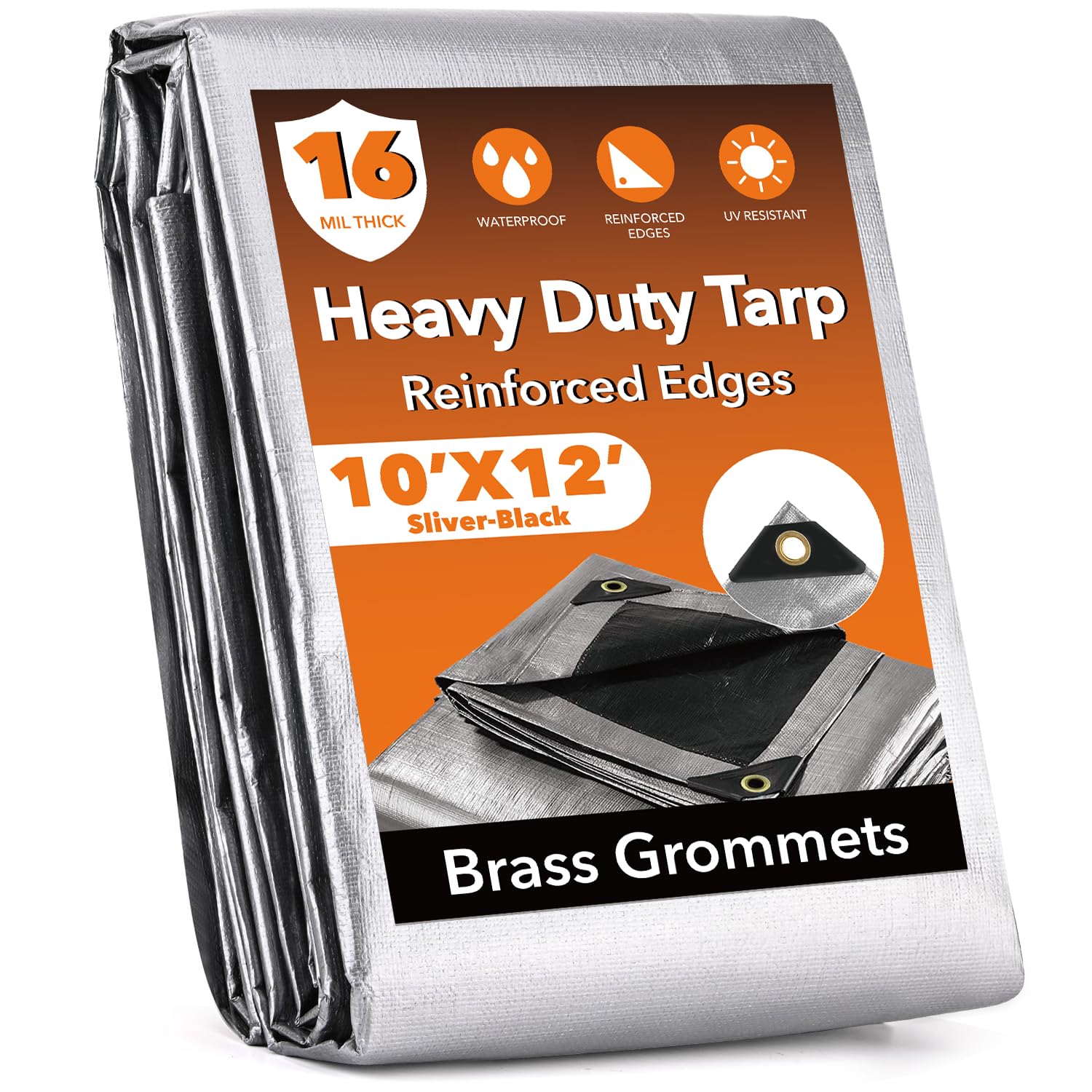 Photo 1 of 10x12FT Waterproof Tarp, Yumatum 16 Mil Heavy Duty Tarps with Reinforced Edges/Brass Grommets, 100% UV Blocking/Tear Resistant Poly Tarp for Camping, Patio, Tent, Boat(Silver/Black)
