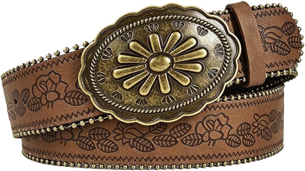 Women Western Belt with Heart Embossed Buckle Vintage Brown Belt for Jeans Pant Dress Cowgirl Cowboy Belts