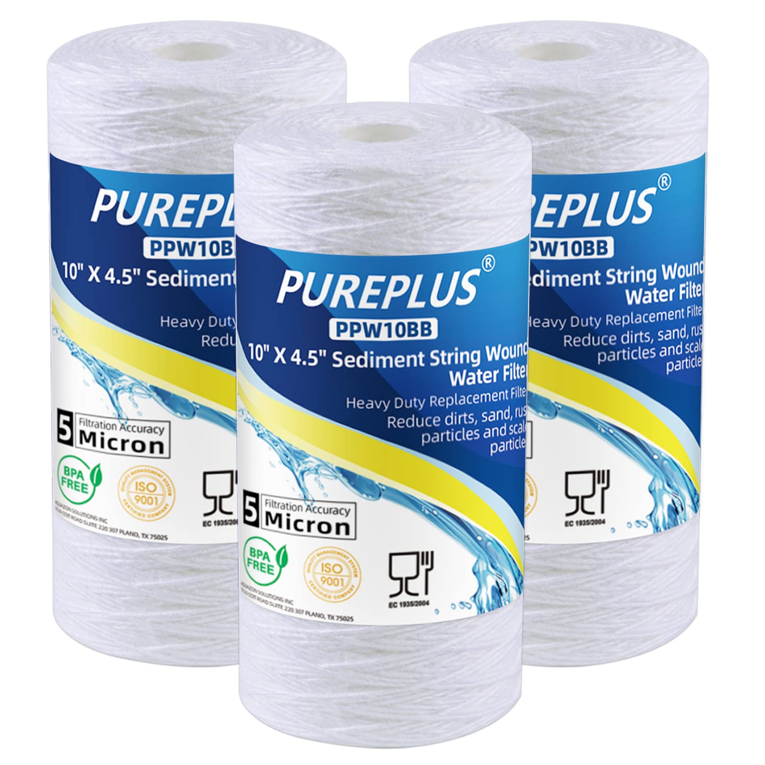 PUREPLUS 5 Micron 10 x 4.5 Whole House String Wound Sediment Filter for Well Water, Replacement Cartridge for 84637, WPX5BB97P, PC10, 355214-45, 355215-45, WP10BB97P, WP5BB97P, 3Pack