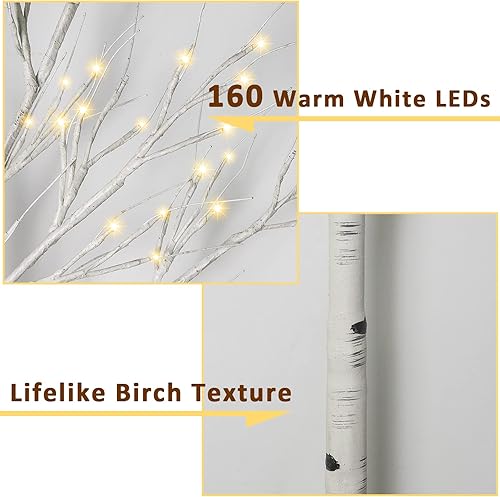 Miniatura 2 de Árbol de abedul iluminado de 6 pies, árbol de abedul Remon con 160 luces LED, control remoto, 8 modos intermitentes, temporizador regulable,