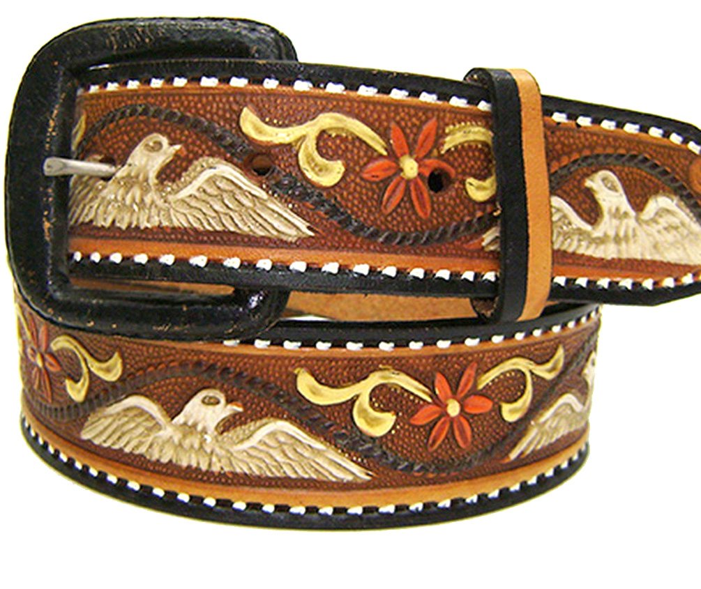 Hand Painted Embossed Eagle Leather Belt 1.5'' Width Brown