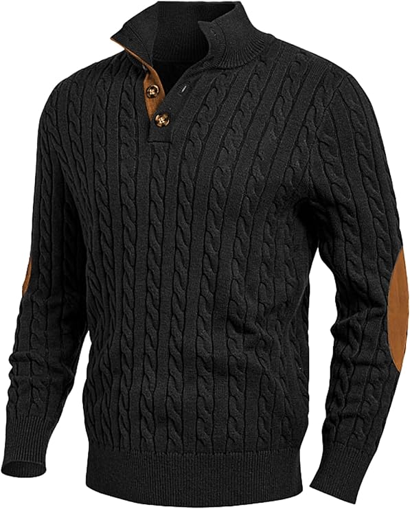 JMIERR Men's Cable Knit Pullover Sweater Casual Long Sleeve Stand Collar Button Knitted Sweaters