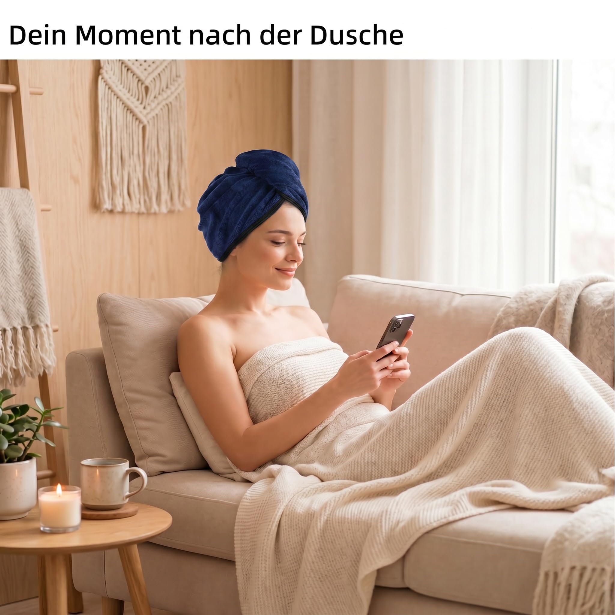 KinHwa Haarhandtuch Mikrofaser 2er Set 30x70 cm – Extra weicher Haarturban mit Knopf für Lange Haare – Verkürzt die Föhnzeit & reduziert Frizz – Saugstarkes Hair Towel für Damen-Dunkelblau