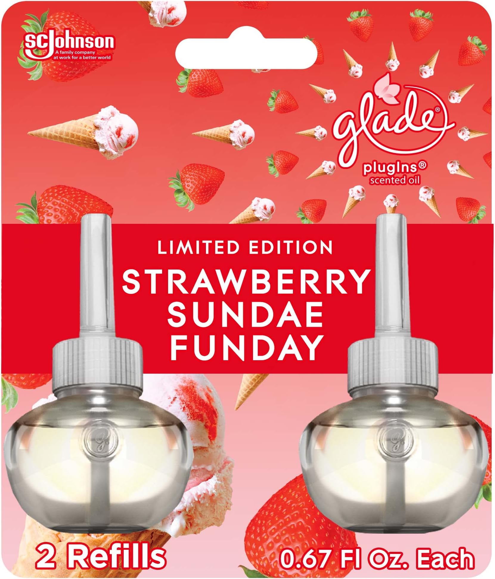 PlugIns Refills Air Freshener, Scented and Essential Oils for Home and Bathroom, Strawberry Sundae Funday, 1.34 Oz, 2 Count