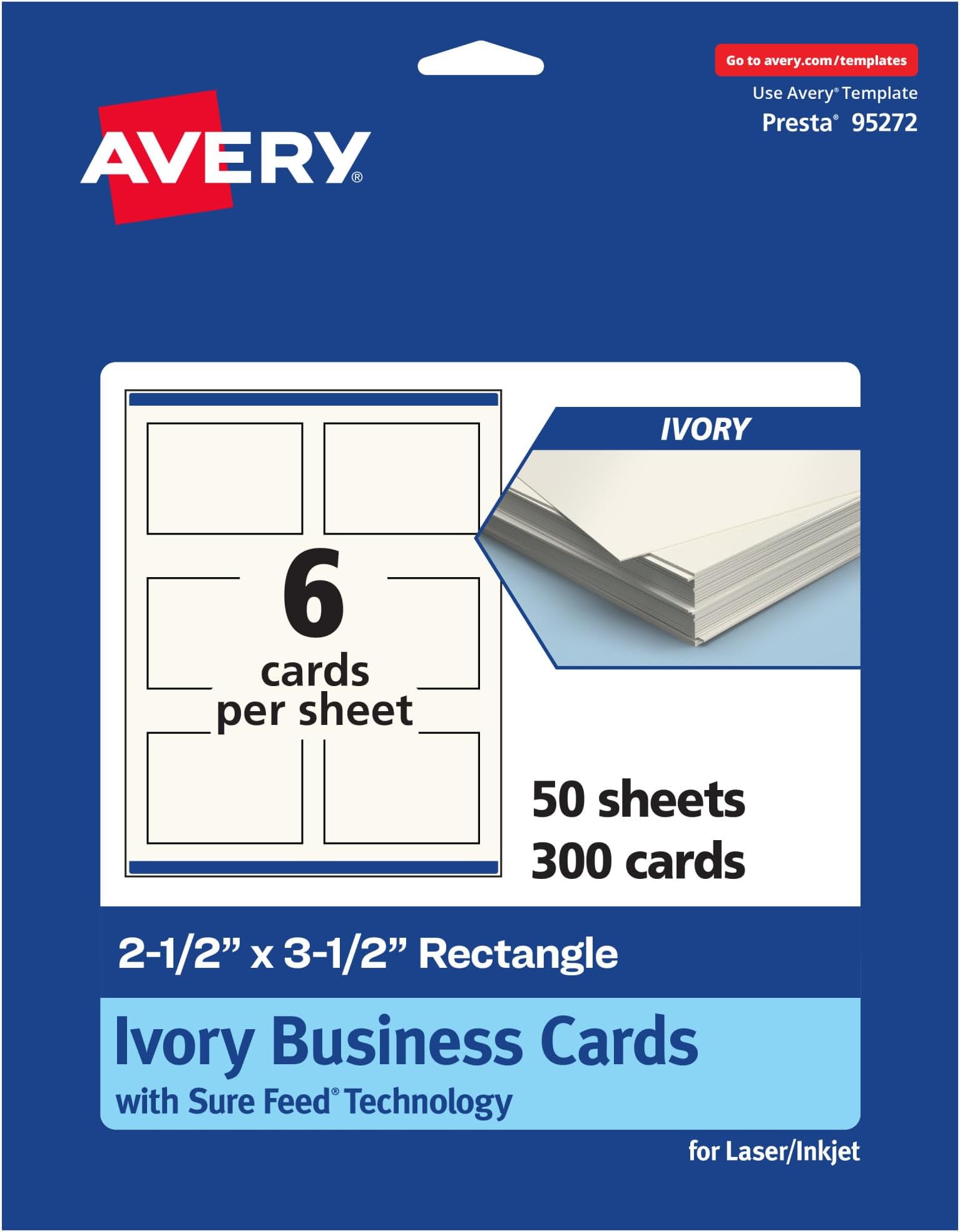 Printable Rectangle Business Cards, Sure Feed Technology, 2.5" x 3.5", Ivory Cardstock, Print-to-the-Edge, Laser/Inkjet Cards, 300 Total