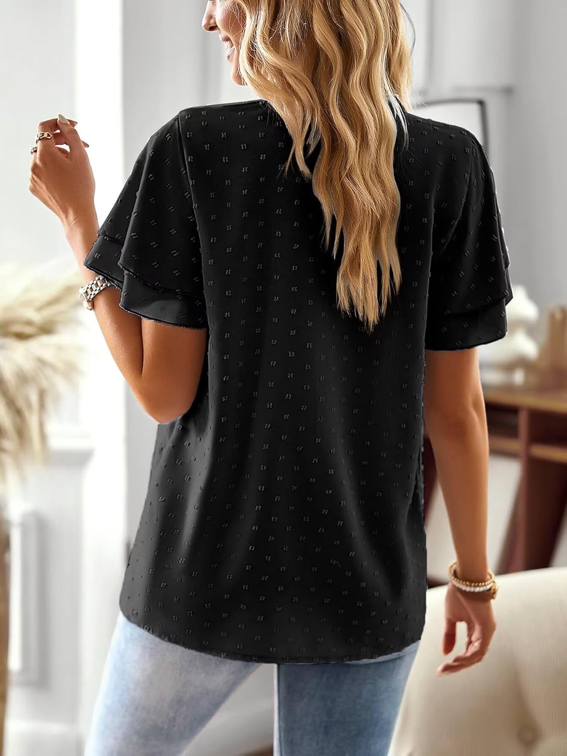 Womens Summer Tops Ruffle Sleeve V Neck Blouses for Women Bohemian Dressy Casual Flowy Business Short Sleeve Shirts Black L - Image 3