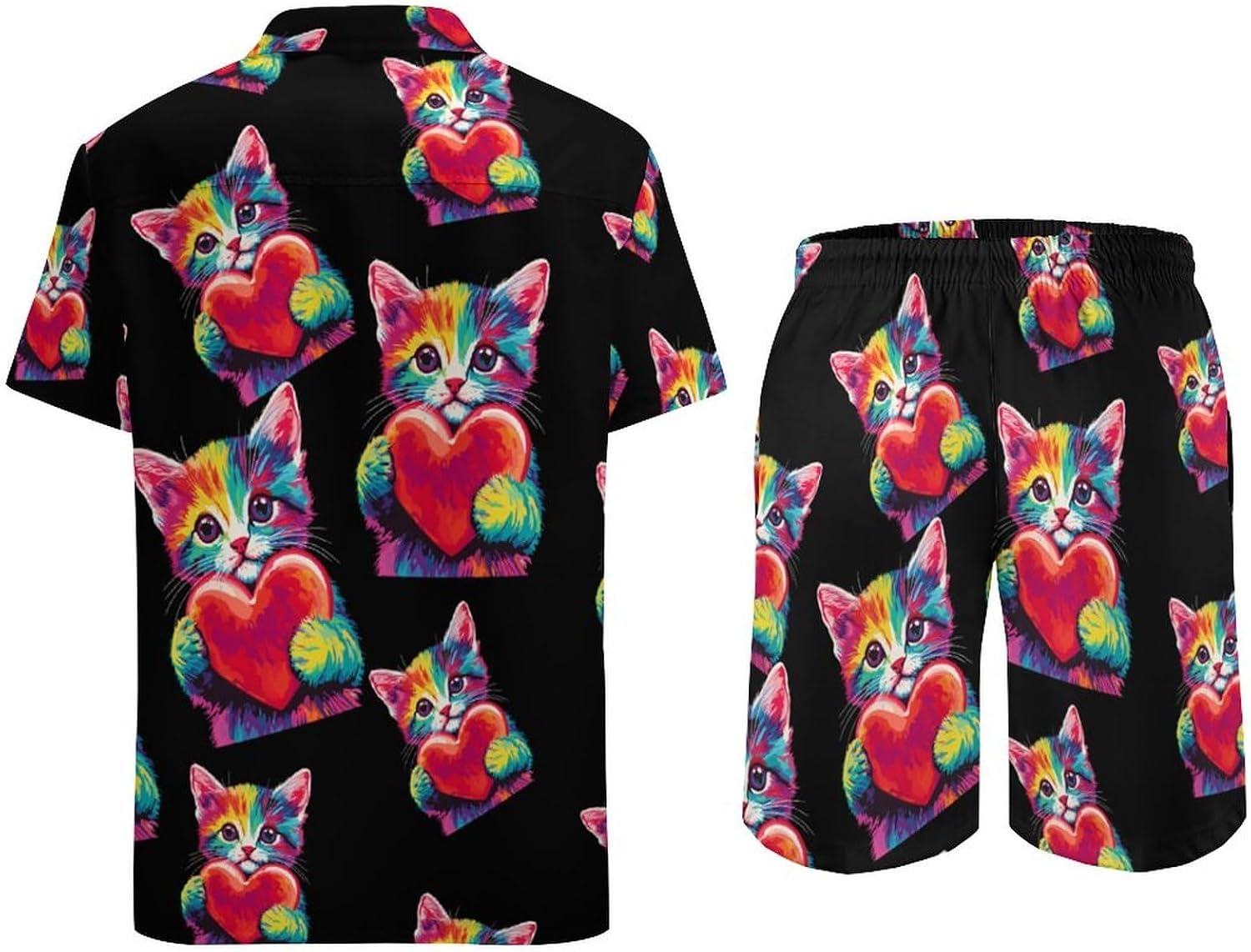Tie Dye Cat Heart Valentine Summer Mens Vacation Outfits Beach Shirts Shorts Matching Set