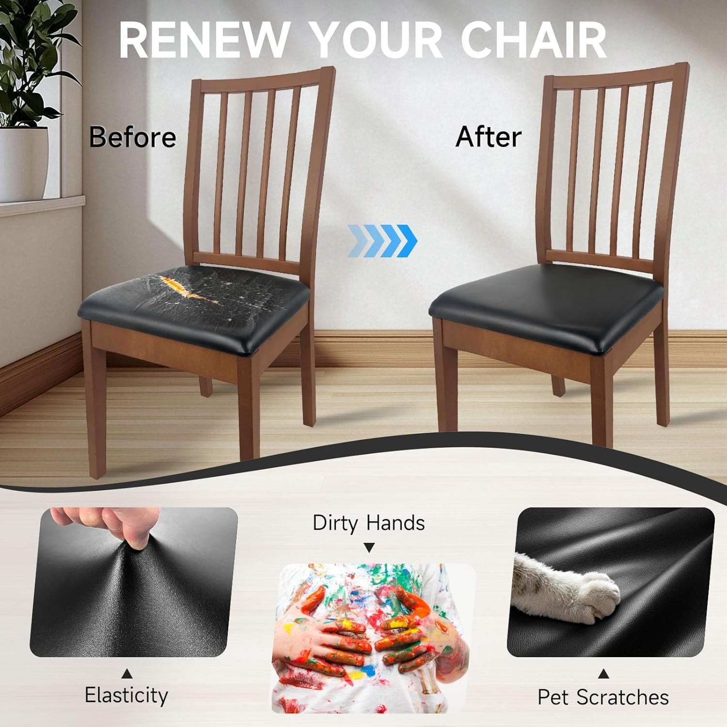 PU Leather Seat Covers for Dining Chairs, 8 Pack 100% Waterproof Dining Room Chair Seat Covers Stretch and Wipeable Kitchen Chair Cover Protectors (PU Black, 8 PCS)
