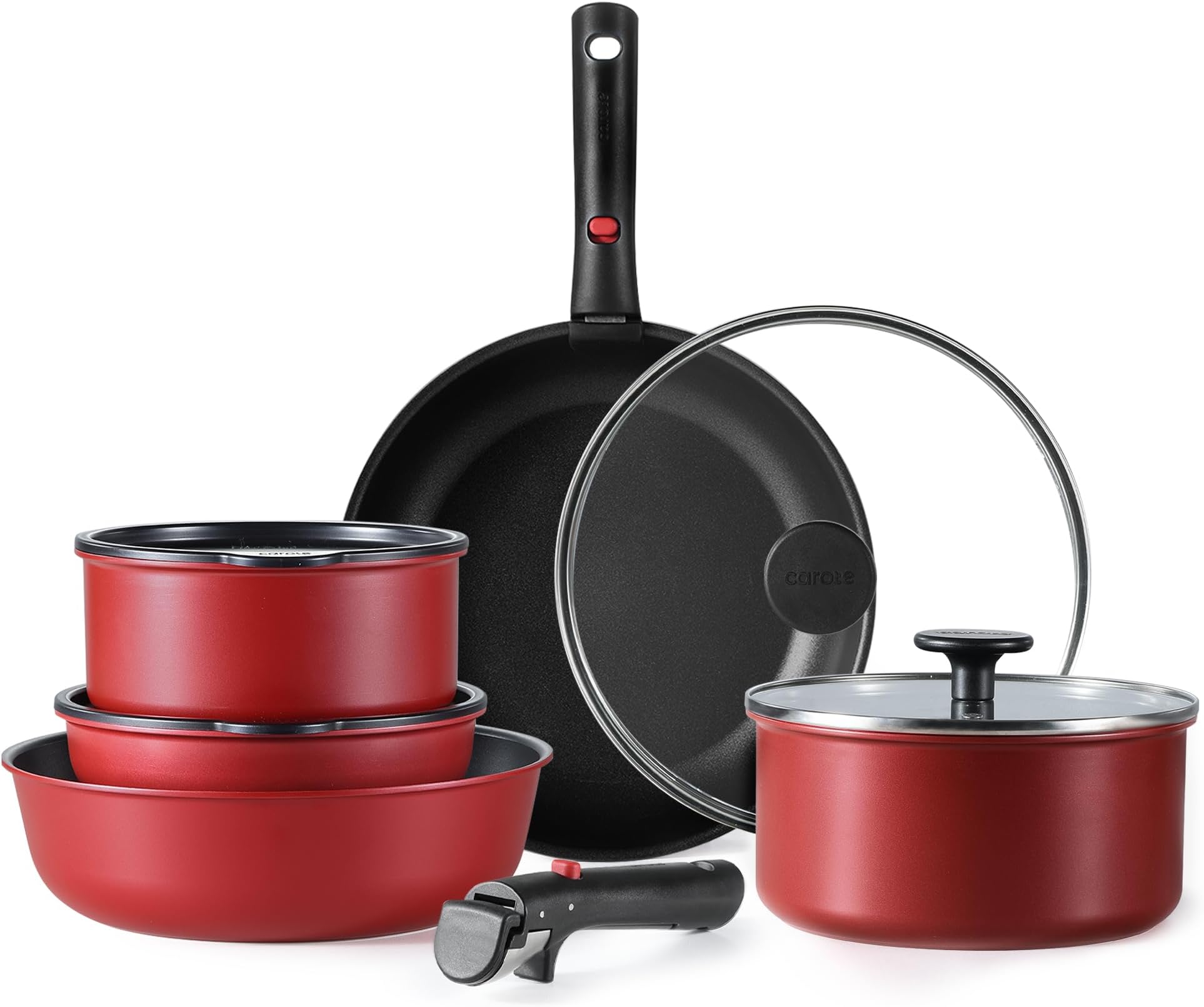 CAROTE Pots and Pans Set Non Stick, Cookware Sets, Oven/Fridge Safe, Space Saving Pots Set, 11pcs Kitchen Set, Nonstick Set with Versatile Removable/Detachable Handle, Induction RV Set, Red and Black