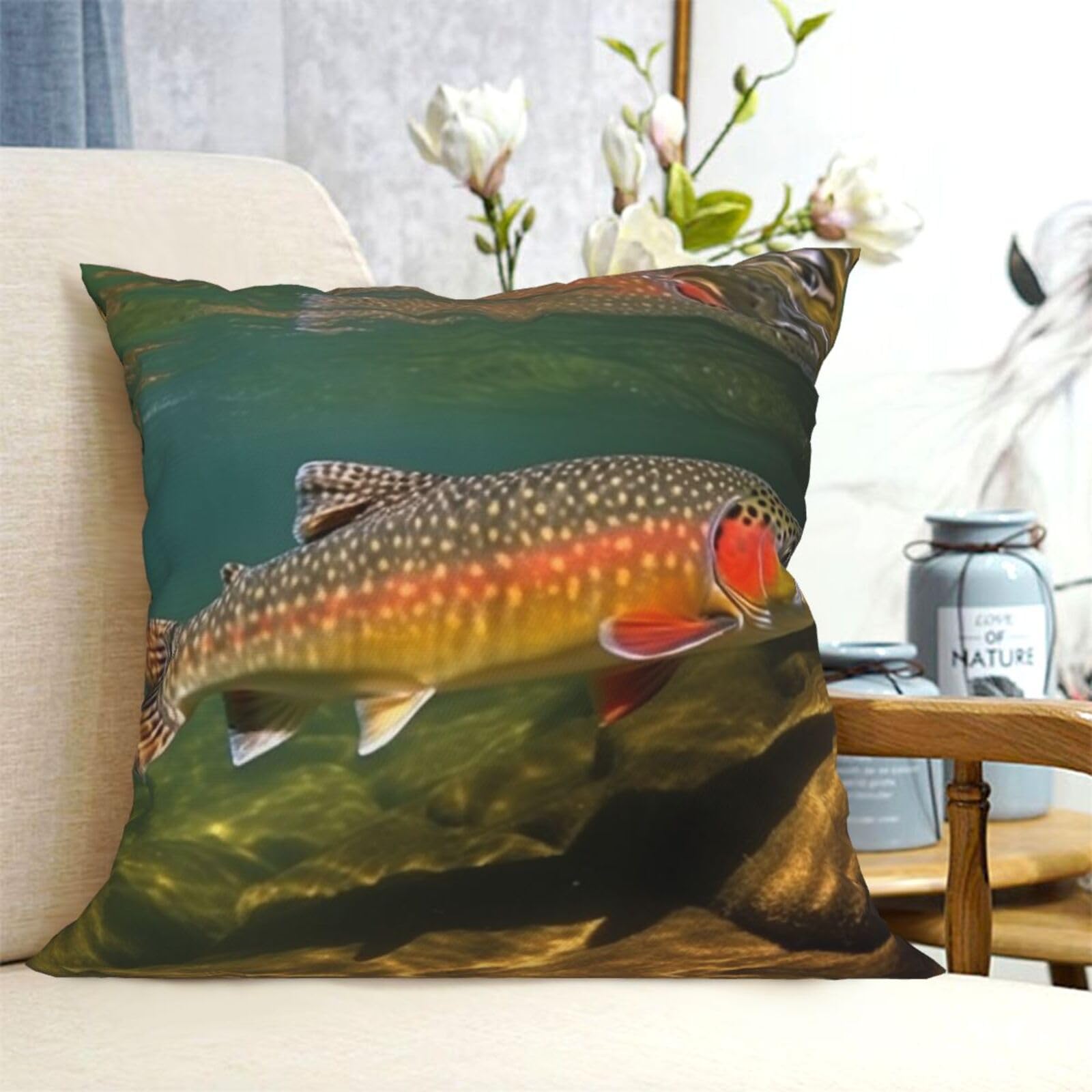 Fodpand Black Decorative Throw Pillow Covers 12"X12" Brook Trout Fly Fishing Cushion Cases Square Modern Farmhouse Pillow Cases Soft Cozy Cushion Covers For Couch Sofa Bedroom Home Decor Pillowcase