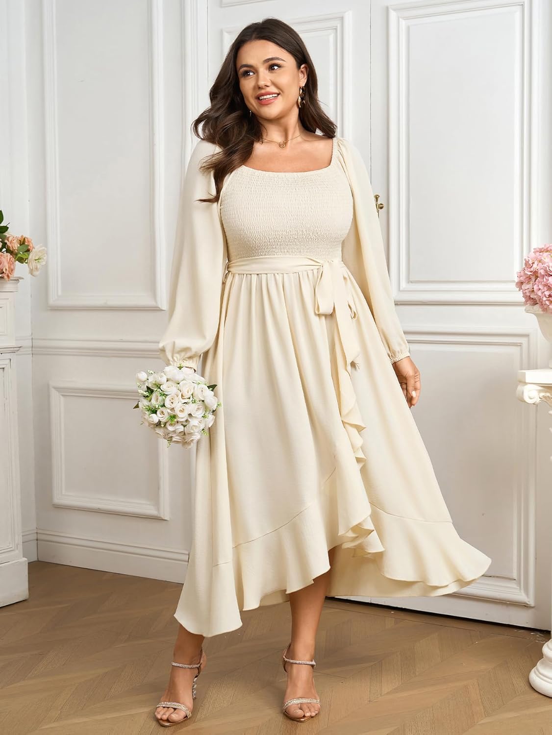 SCOMCHIC Women Plus Size Cocktail Dress Formal Long Sleeve Wedding Guest Smocked High Low Ruffle Dress with Belted - Image 3