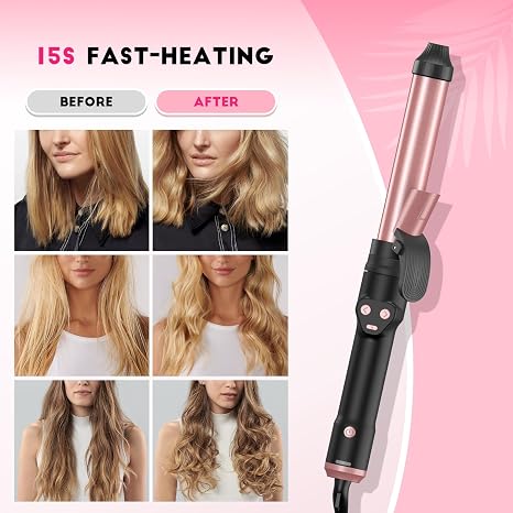 Automatic Curling Iron - 1 Inch Rotating Curling Iron for All Hair Type, Fast Heating Dual Speed LCD Display 250F-450F for Lasting Beach Waves, Quick & Effortless