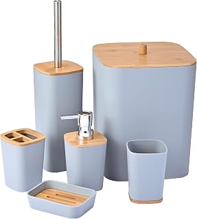 Yorkmills 6-teiliges Bambus-Badezimmer-Zubehör-Set, Badezimmer-Mülleimer und WC-Bürsten-Set, Badezimmer-Zubehör-Sets, Zahnbürstenhalter, Becher, Seifenschalenhalter, moderner Mülleimer