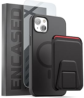 Encased SlimShield Case with Magnetic Card Holder for iPhone 14 with Screen Protector, Compatible with MagSafe - Wallet with Flip Kickstand (Black)