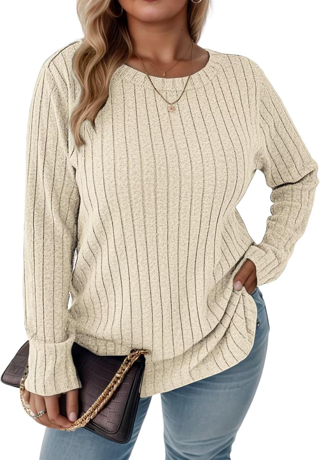 DOLNINE Women's- Plus- Size -Sweatshirts Long Sleeve Crew Neck Casual Fall Tops Lightweight Soft Loose Fit Pullover Shirts
