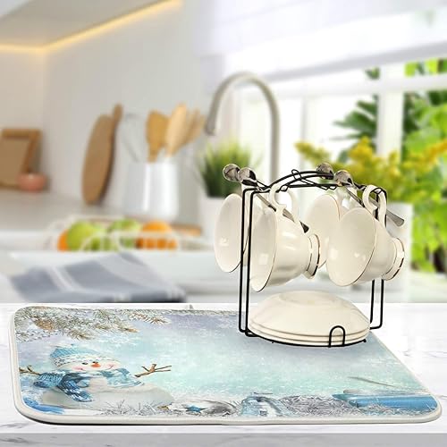 Miniatura 5 de Tapete absorbente de secado de platos con diseño de muñeco de nieve de invierno, reversible, 18 x 24 pulgadas, adorable pino, copo de nieve,