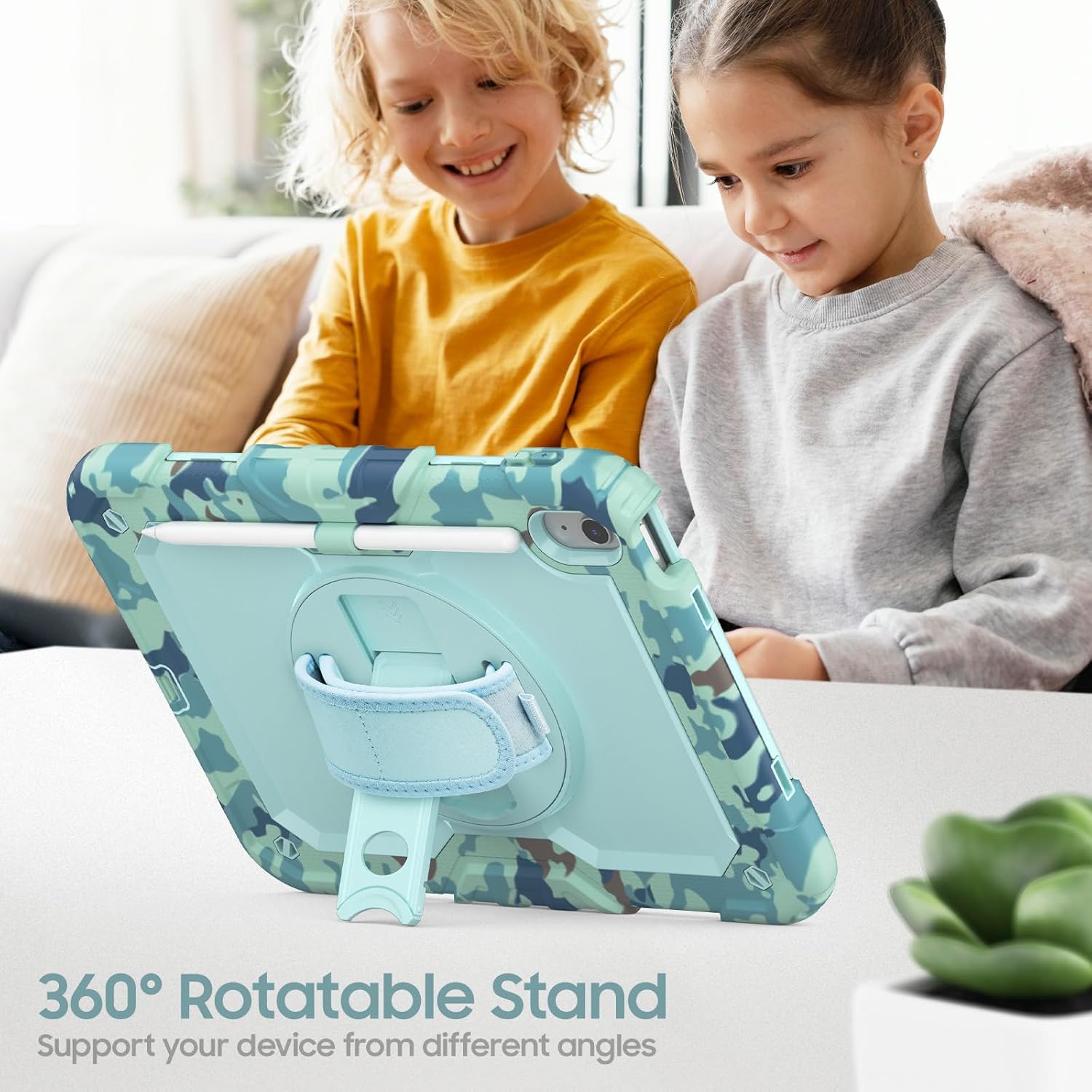 Dteck for iPad 11" A16 (11th Gen, 2025) / iPad 10.9" (10th Gen, 2022) Shockproof Case with Shoulder Strap/Pencil Holder/Rotating Kickstand/Screen Protector, 3-Layer Drop Proof Camouflage Cover, Blue