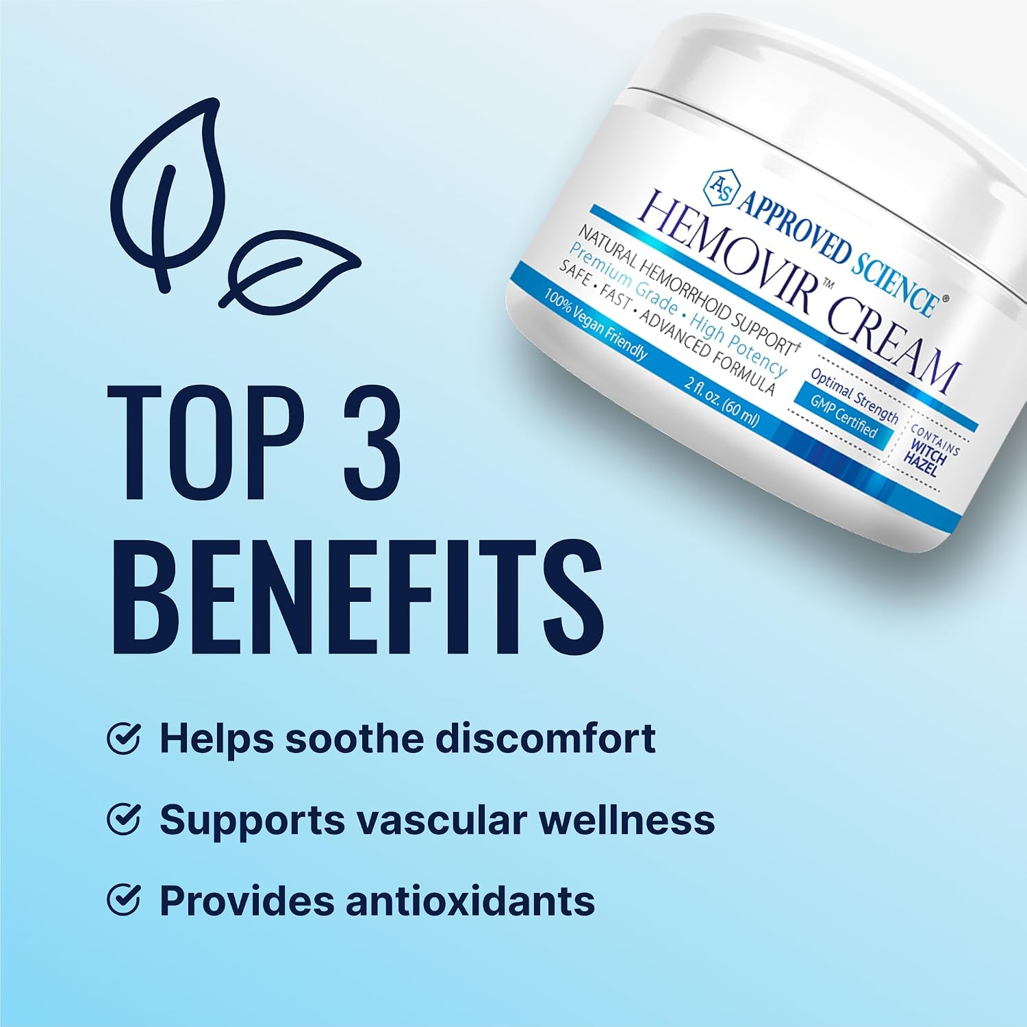 Approved Science Hemovir Cream - Hemorrhoid Support - 2 Fl Oz - Stops Itching and Optimizes Blood Flow - Restores Damaged Skin Tissue - Non GMO - Made in The USA