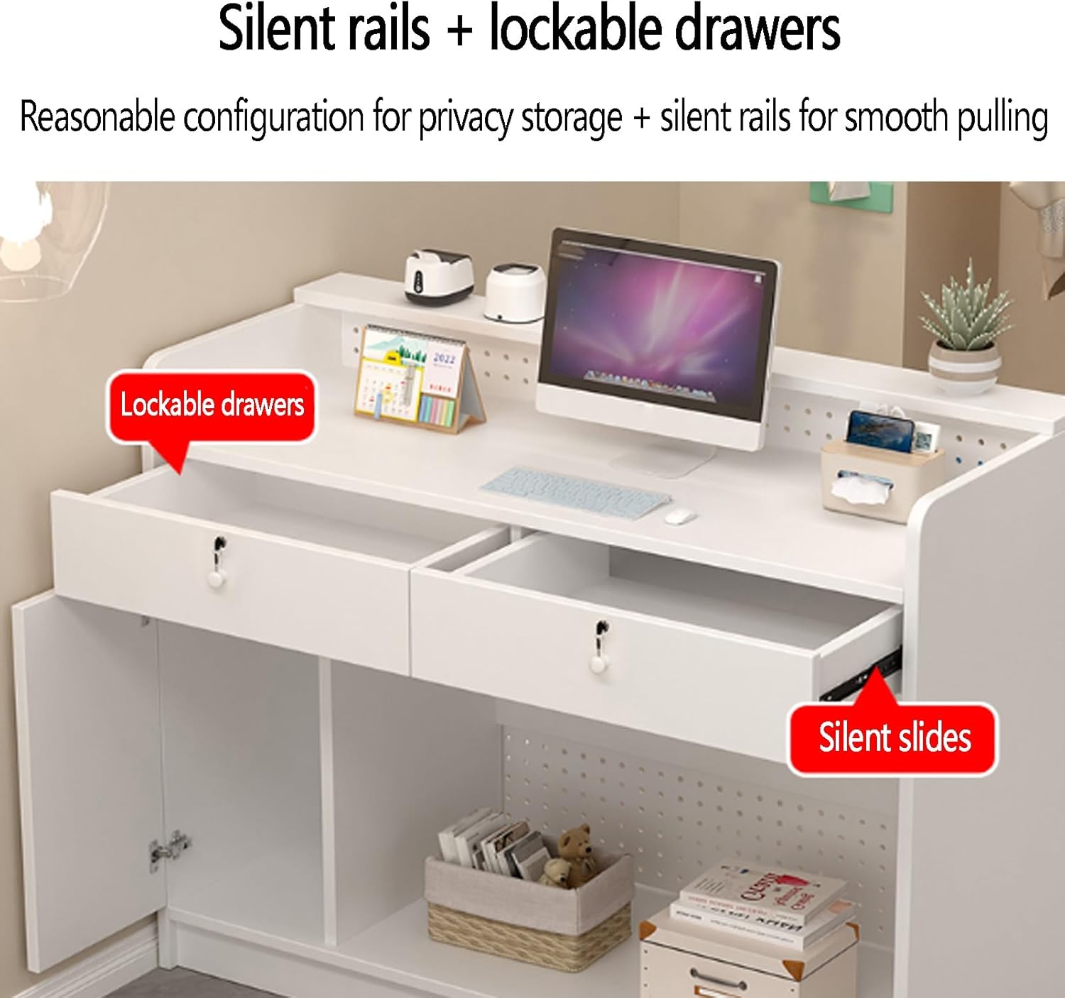 Creative Reception Desk Bar Counter,Computer Desk Reception Table with Lockable Drawers,Small Cashier Retail Counter Table with Perforated Board,Simple Cashier Cabin