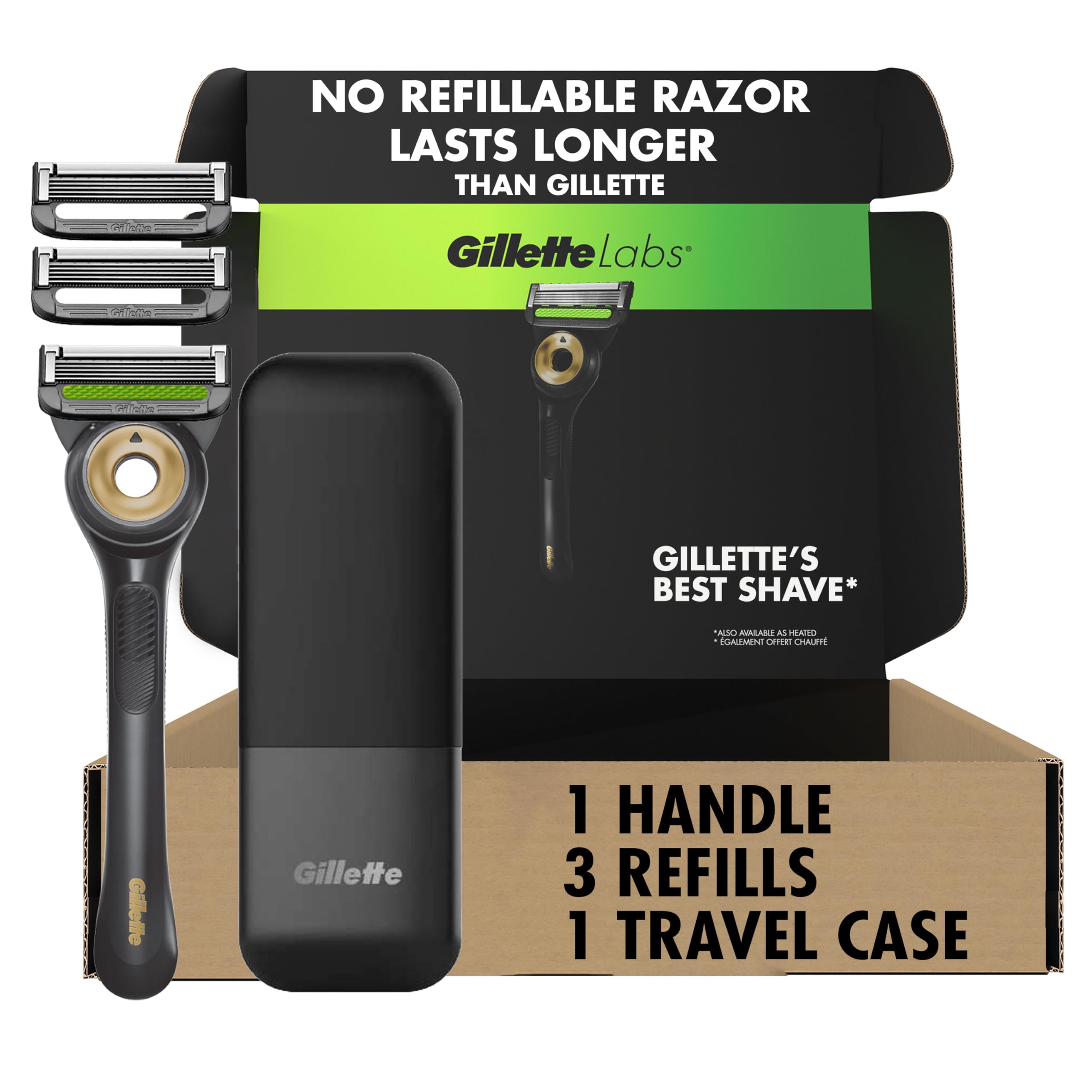 GilletteLabs 角質除去バーシェービングカミソリ付き 男性用 ハンドル1本 替刃3枚 旅行ケース付 外出先での収納に便利
