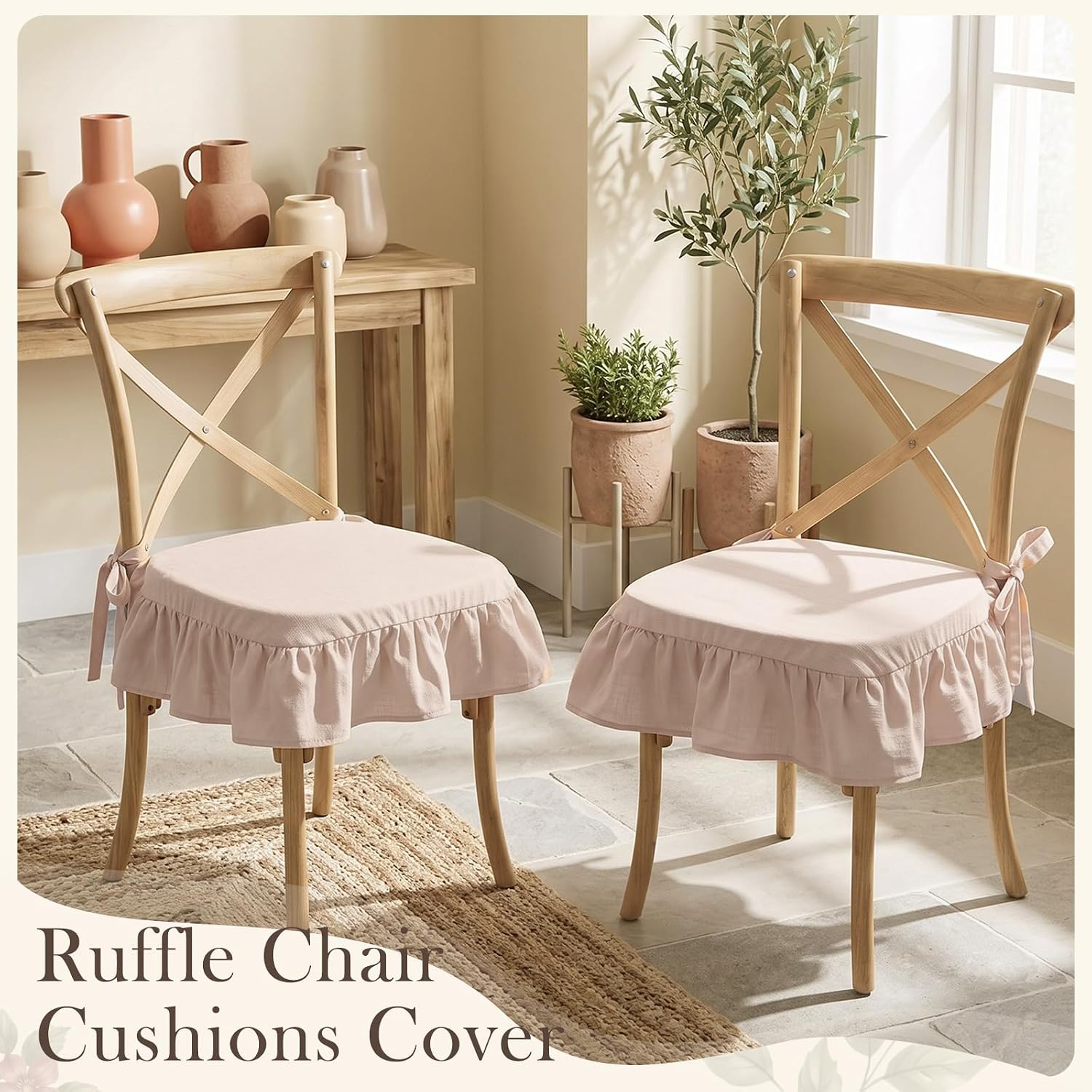 Moukeren Beige Farmhouse 2 Pcs Ruffled Chair Cushion Covers 17.5 x 17.5