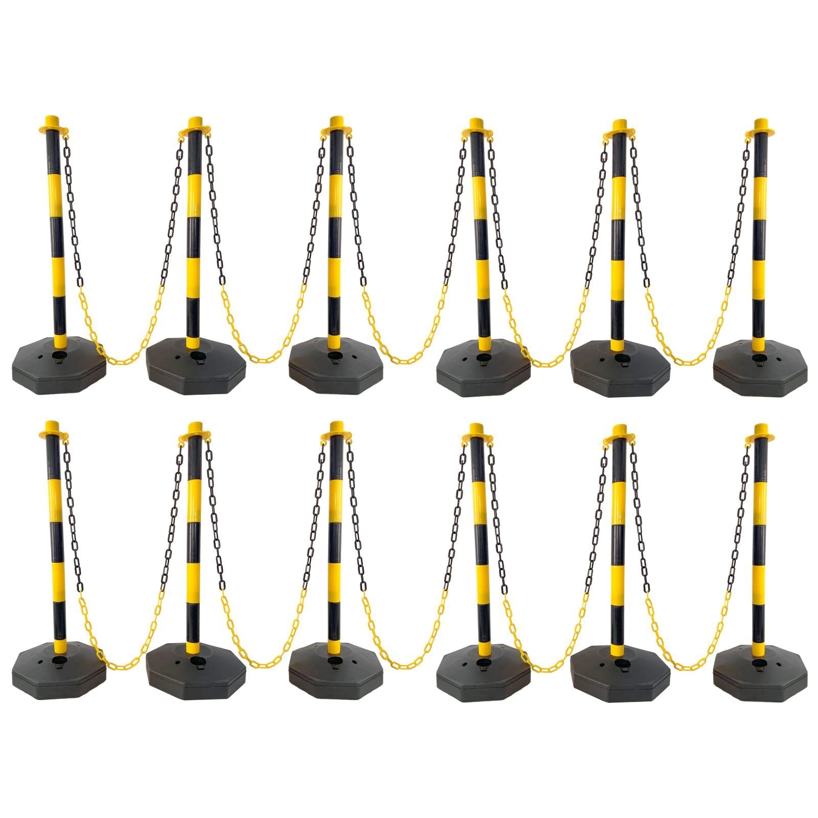 FRITHJILL 12 Pack Plastic Traffic Delineator Post with 5 FT Chains, Traffic Safety Delineator Cones with Fillable Base, Crowd Control Stanchion Set, Yellow