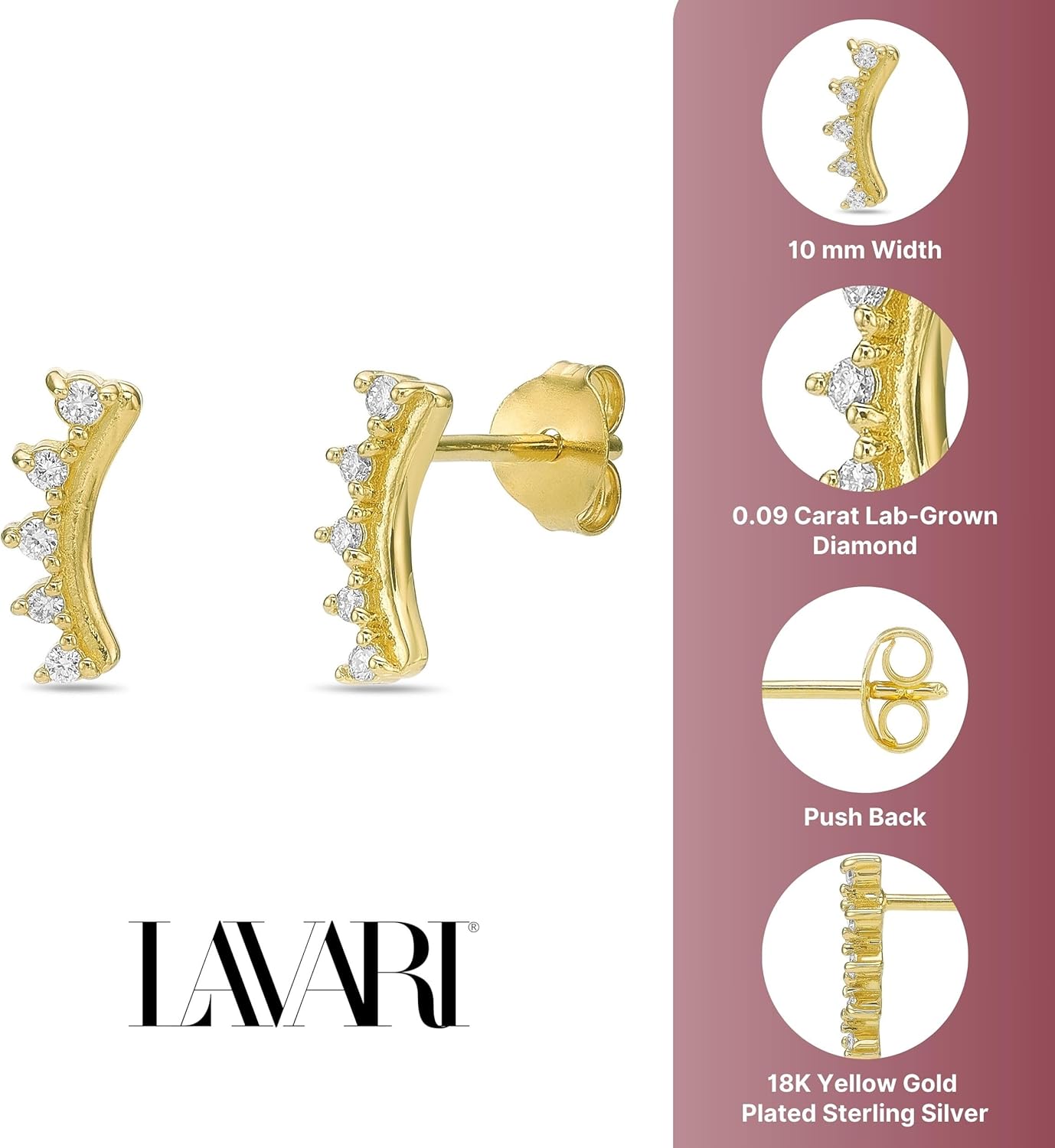 Lavari Jewelers 1/10 Carat Round Lab Grown Diamond Crawler Earrings for Women I 18k Yellow Gold Plated 925 Sterling Silver Ear Climber for Her I Hypoallergenic Push Back Studs