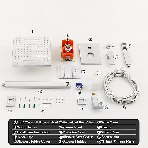 Miniatura 9 de SKOWLL Sistema de cabezal de ducha en cascada de 10 pulgadas, juego de mezclador de ducha LED de montaje en pared, kit de ducha de lluvia con