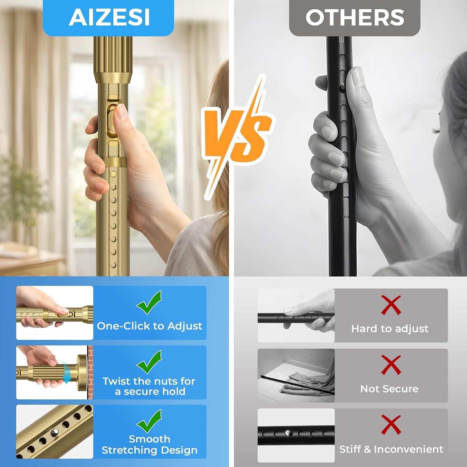  Tension Curtain Rod 41-126 Inch(4-10Ft),1.26'' Diameter,Long Heavy Duty Adjustable No Drill Shower Curtain Rod for Windows, Balcony, Room Divider – Gold thumbnail