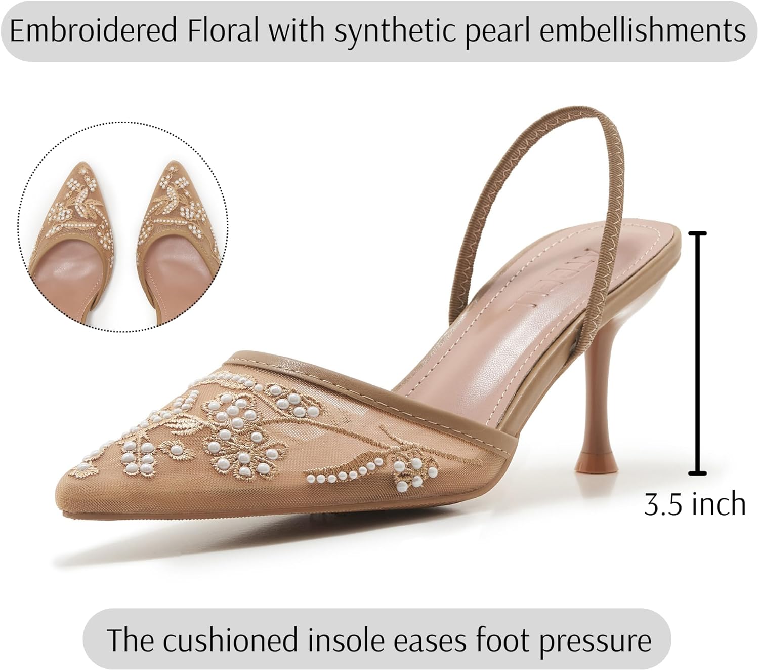 Embroidered Mesh Slingback Heels for Women White Pearl Kitten Heel Pumps Pointed Toe Backless Wedding Shoes - Image 4