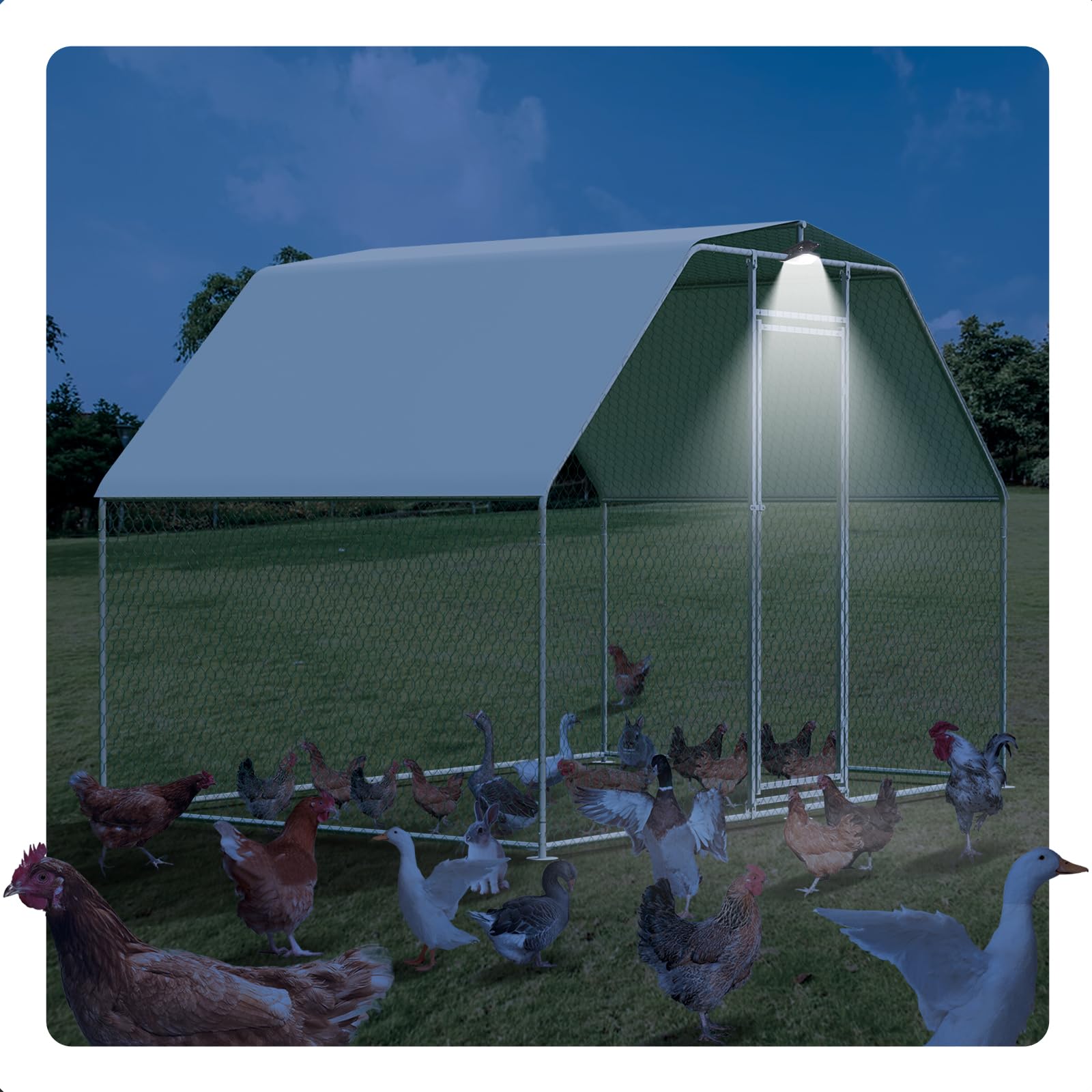 Chicken Coop with Solar Light Large Metal Walk-in Poultry Cage Chicken ...