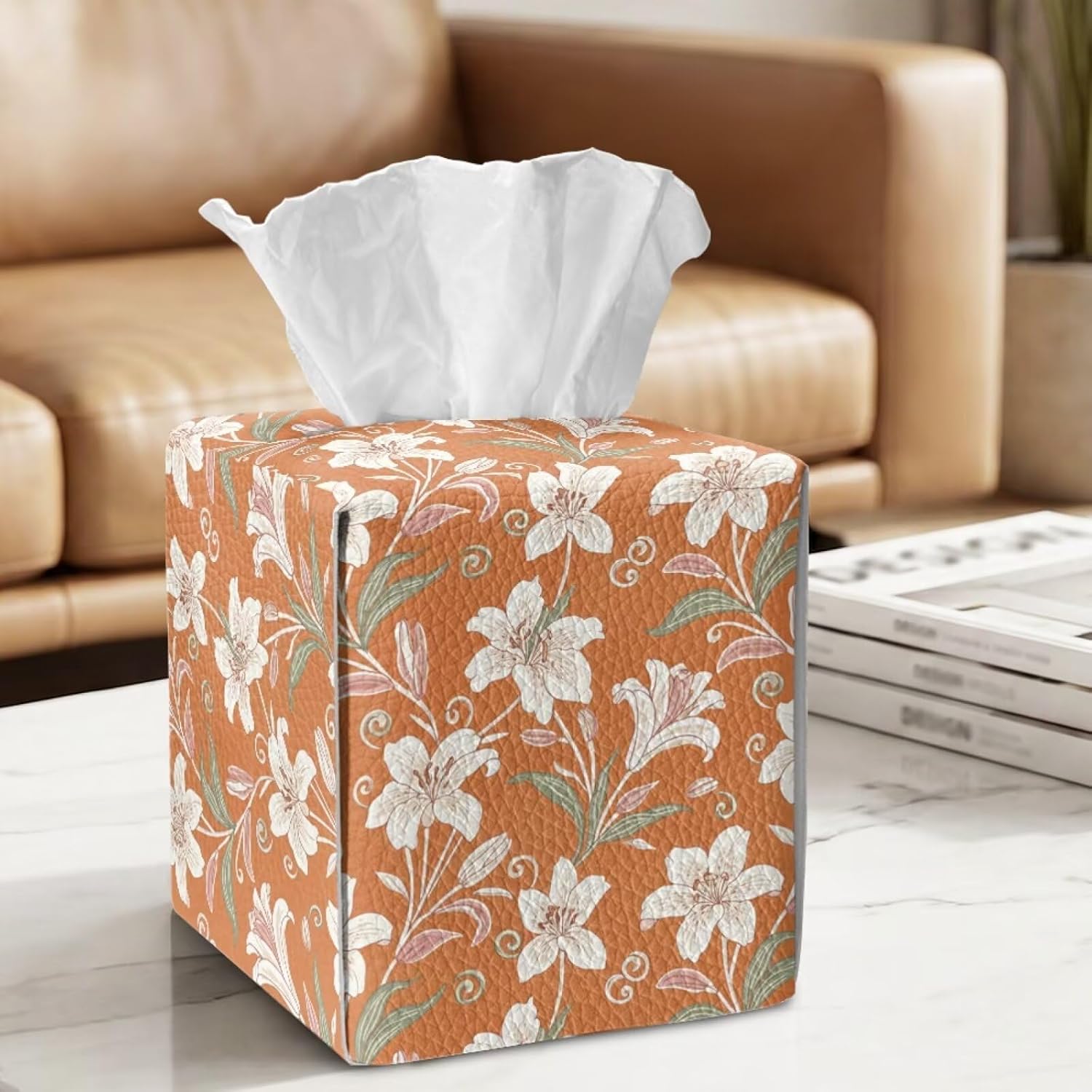 PU Tissue Cube Cover Dust Proof Foldable Tissues Box Holder Organizer Square Facial Tissue Cube Paper Organizer Dispenser for Bathroom Night Stands, Floral Print Orange image 5