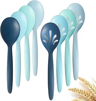 8 Pack 10" Large Reusable Plastic Wheat Straw Serving Spoon Set, 4 Serving Spoons & 4 Slotted Spoons, Kitchen Mixing Serving Spoon for Buffet Chafing Dish Catering Ocean, Not for Cooking