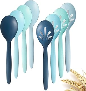 8 Pack 10" Large Reusable Plastic Wheat Straw Serving Spoon Set, 4 Serving Spoons & 4 Slotted Spoons, Kitchen Mixing Serving Spoon for Buffet Chafing Dish Catering (Ocean, Not for Cooking)