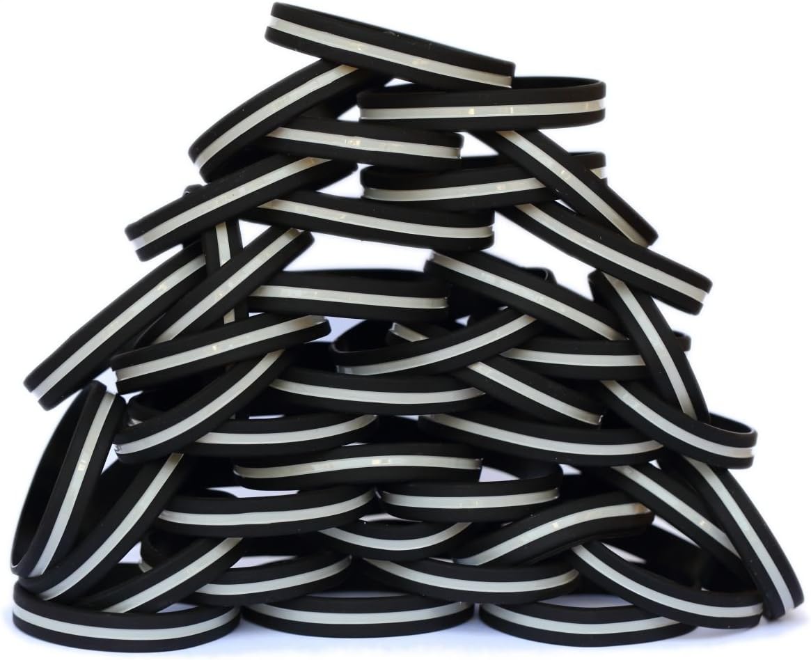 100 Thin Silvertone Gray Line Silicone Wristbands Correctional Officers Support