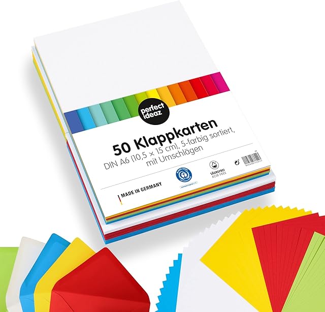 perfect ideaz 50 kolorowych składanych kart A6 z kopertą 11 x 15,5 cm, wyprodukowane w sposób zrównoważony w Niemczech, podwójna karta w 5 kolorach, pusty zestaw do tworzenia pocztówek