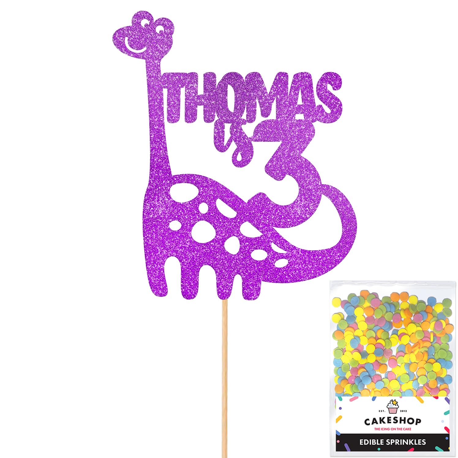 Personalised Birthday Dinosaur Glitter Cake Topper- Purple Any Name & Age Glitter Cake Decoration and Sprinkles - Happy Birthday Decorations - Personalised Toppers for Cakes by Cakeshop โ image 1