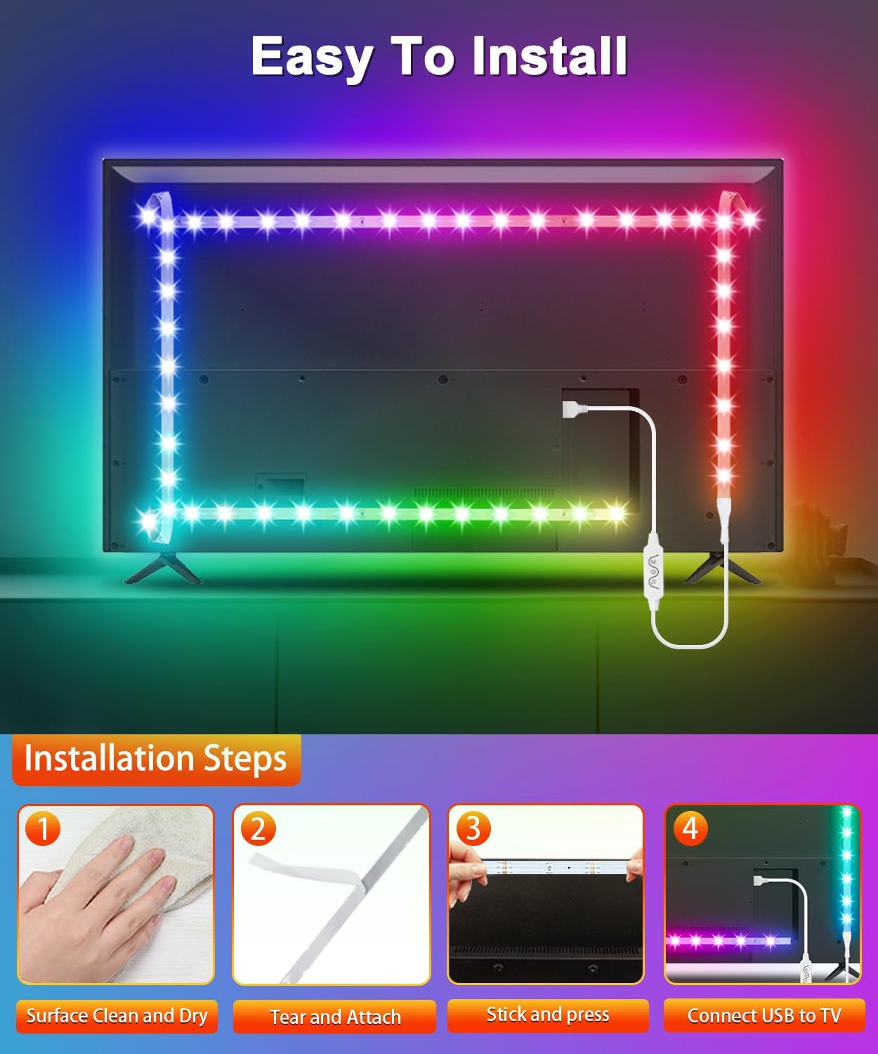KeShu 16.4ft LED Lights for TV 55-75 Inch, Rainbow Color Changing With Remote Bluetooth APP, Backlight for Bedroom, Music Sync Strip Behind TV