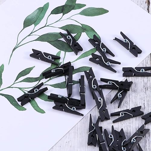 Miniatura 3 de Alfileres de madera para ropa, 100 piezas de 1.3 pulgadas (1.4 in) clips de madera negros pequeños con cordel de yute de 33 pies para clips de
