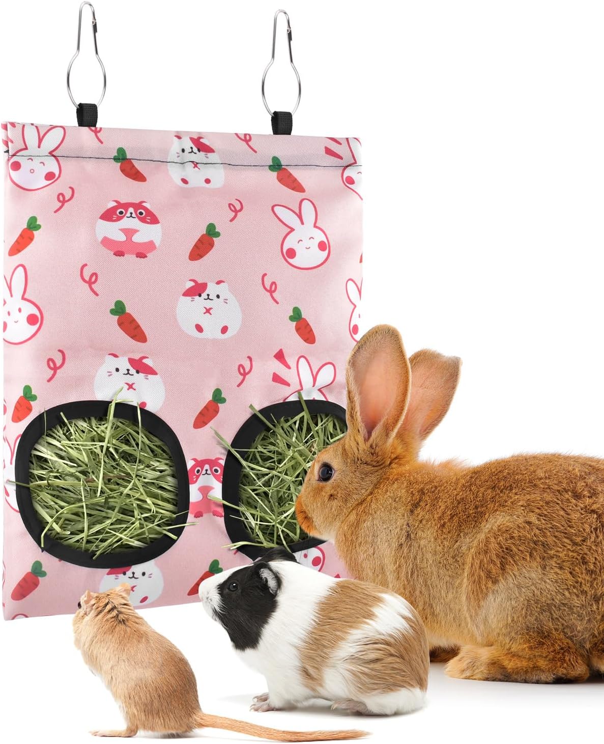 Bissap Rabbit Hay Feeder Bag, 2 Holes Hanging Hay Feeder Guinea Pig Hay Bag for Rabbits Bunny Chinchillas Hamsters Rats and Other Small Pets Small Animal - S (Pink)
